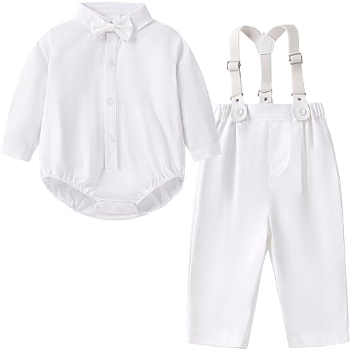 Image of Booulfi Baptism Christening Outfits for Baby Boy Outfits,NB- 5t Boy Clothes | 4 Piece Button Down White Shirt Bow Tie Photography Suspenders Baptism Outfits for Boys,Newborn 5t Boys Clothes Summer