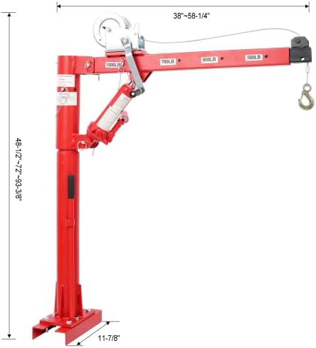 1000 Lbs Pickup Truck Crane with Manual Winch, Four Capacity for 500 lbs/600 lbs/700 lbs/1000 lbs,Heavy Duty Lifting for Factory, Warehouse, Construction (A Style)
