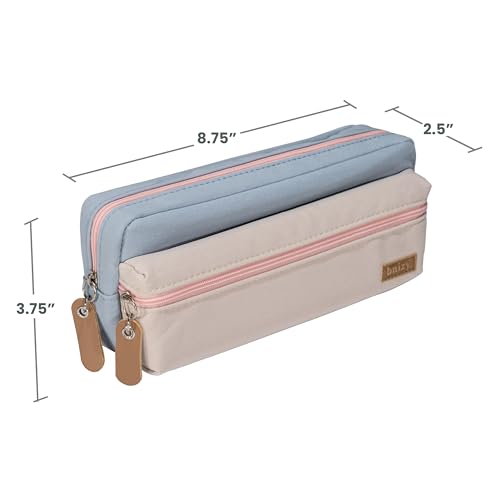 Image of Large Pencil Case, Pencil Pouch with Zipper Compartments, Aesthetic Pencil Case for Adults, Stationery Pouch Pen Case for Office (Blue&Beige)