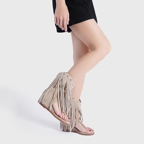 Image of Women's Bohemian Tassel Gladiator Sandals Brown Suede Thong Flip Flops for Fringe Summer Wedge Heel Sandal with Rivets Western Shoes