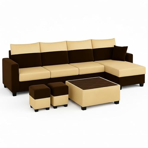 Image of Furny Arevva 8 Seater Fabric RHS L Shape Sofa Set with 1 Centre Table & 2 Puffy (Cream-Dark Brown) | Soft Velvet Fabric | Modern Design | Comfortable Seating | Living Room Furniture