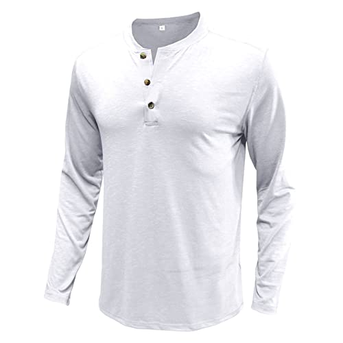 Men's Long Sleeve Basic Pullover Shirt Fashion Casual Stylish Henley Shirts Lightweight Soild Button T-Shirts (XX-Large,White)