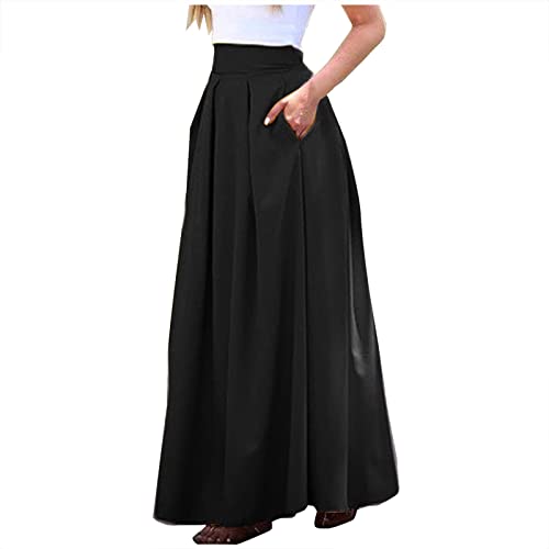 Womens 2023 Summer Casual Skirt Boho Elastic High Waist Pleated A-Line Flowy Swing Skirts Maxi Long Pocket Skirt