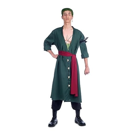 My Other Me - Disfraz Roronoa Zoro One Piece Adulto para Hombre, talla L. Incluye pantalón negro, chaqueta verde con impresión del pecho, pañuelo negro, fajín rojo, pendientes y crema verde para pelo | Ya disponible en tu tienda friki favorita! En mundofriki.es!