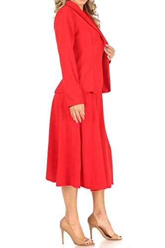 Two Piece Lightweight Solid Long Sleeve Casual Blazer Relaxed A-Line Midi Skirt Red 2XL2