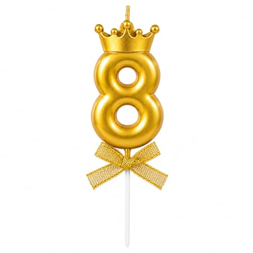 Image of Number 8 Unscented Candle with Crown for Birthday, Wedding, Valentines Day Celebration, Bridal Shower, Bachelorette Cake Topper for Decoration, 1 pc, Gold