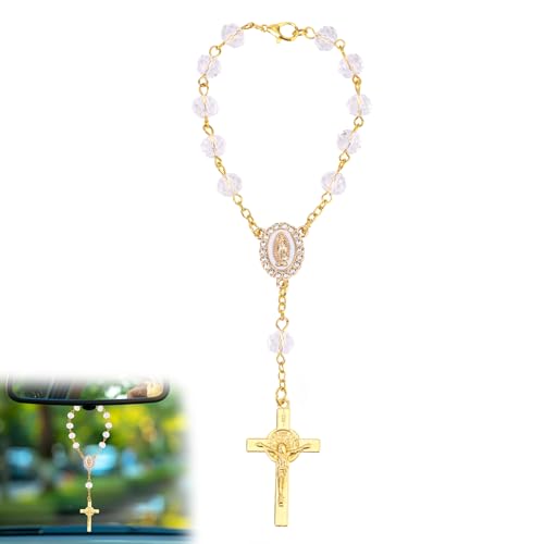 Rosary for Car Mirror Hanging Stylish Car Rear View Mirror Accessories Catholic Rosary Hanging Ornament for Wedding (Transparent)