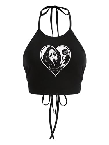 SHENHE Women's Open Back Halter Neck Top Tie Backless Sream Ghostface Funny Sexy Crop Top Black Small