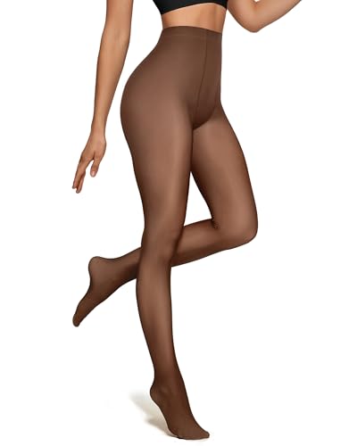 OEAK Womens Fleece Lined Tights Fake Translucent Pantyhose Thermal Opaque High Waisted Winter Legging Footed Sheer Tights