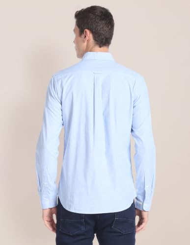 Image of U.S. POLO ASSN. Men's Blue Solid Spread Collar Collared Neck Full Sleeve Casual Cotton Regular Fit Shirt