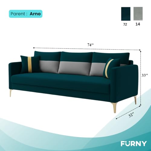 Image of FURNY Cassol 3 Seater Fabric Sofa Set (Light Grey-Greenish Teal) Premium Velvet Finish | Durable Comfort | Ideal for Living Room