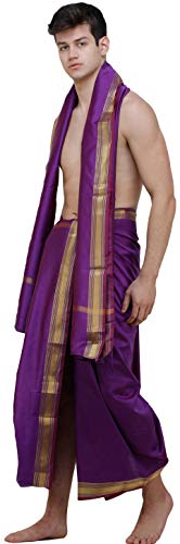 Dhoti and Angavastram Set with Wide Golden Border (Ready to Wear) - Art Silk2