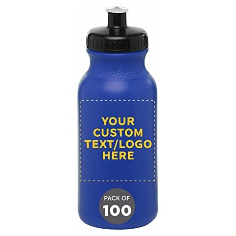 DISCOUNT PROMOS Custom 20 oz. Water Bottles with Push Cap Set of 100, Personalized Bulk Pack - Perfect for Gym, Hiking, Camping, Outdoor Sports - Reflex Blue Cover