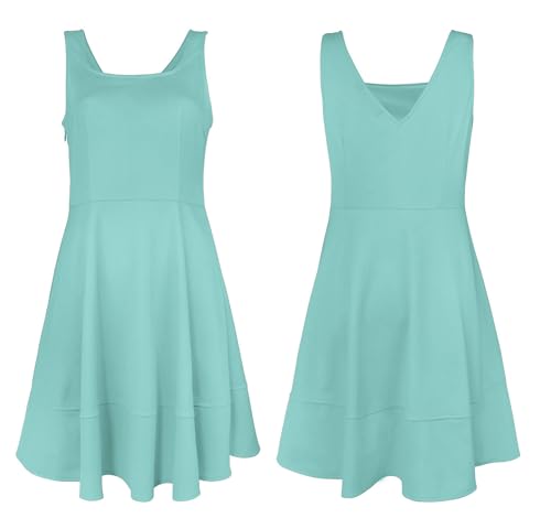 Image of FANCYINN Women's Short V-Back Dress U-Neck Inslace Hem Wide Straps Tank Mini Skater Cocktail Dresses