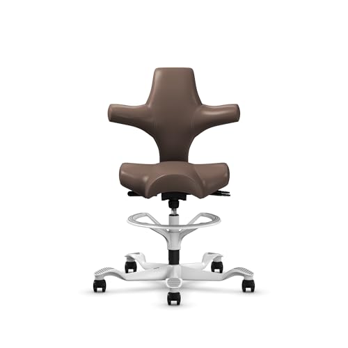 Image of HAG Capisco Sit to Stand Chair-White Frame-Upholstered Brown Mahogany Vinyl-with Foot Ring