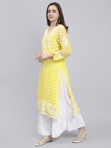 Image of Seva Chikan Hand Embroidered Lucknowi Chikankari Straight Regular Fit Georgette Women's Kurta with Inner Slip SCL4372