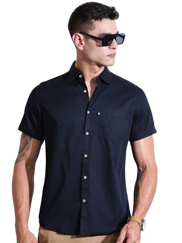 Image of Thomas Scott Men's Premium Slim Fit Casual Shirt | 100% Cotton Twill | Short Sleeves | Spread Collar | Solid Smart Casual Shirt for Men