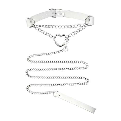 Sexy Neck Collars for Women Chain and Leather Chokers Necklace for Womens Heart White Choker Body Chain Necklace Adjustable Choker Leash Couples Adult Play Bedroom Accessories Cosplay Role Play Leash