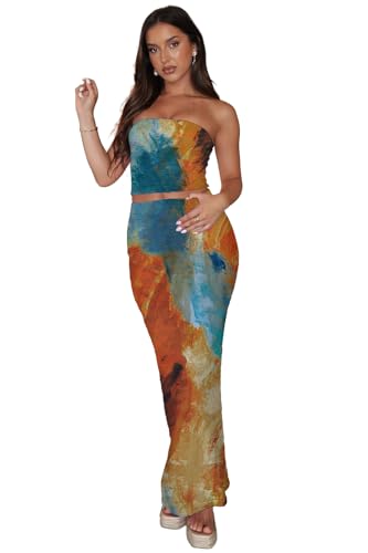 Image of Two Piece Dress Outfits for Women Sleeveless Tube Tops Bodycon Maxi Dress Summer Strapless Crop Top Sexy Suits Set