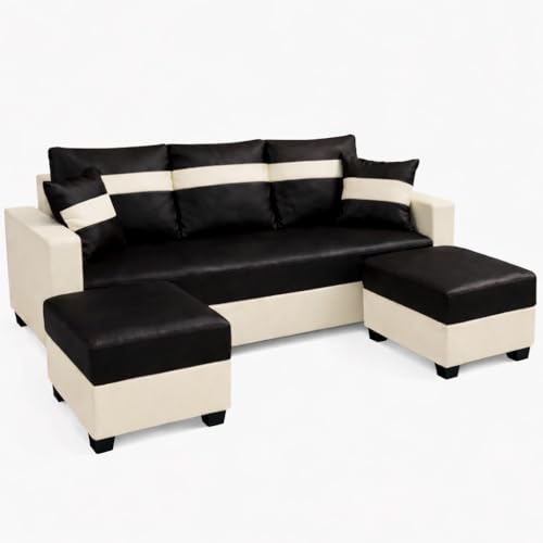Image of SOCOZI Bastian 5 Seater L Shape Sofa Set with 2 Movable Ottomans | Flexible Layout | Premium Leatherette with Golden Metal Legs |Sofa for Living Room (Black-Cream) | Breathable Material