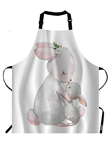 Moslion Tablier Love Rabbit - Tablier mignon en forme de lièvre avec petit lapin avec feuilles de fleurs - Tablier de cou réglable pour homme et femme - Convient pour la cuisine, la serveuse, le chef Cover