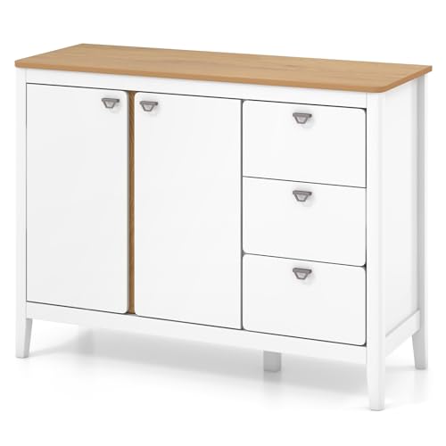 KOMFOTTEU Buffet de Cuisine avec 3 Tiroirs et 1 Armoire à Portes, Meuble Rangement avec Protection Anti-basculement et Étagère Réglable, pour Salon, Cusine, Salle à...