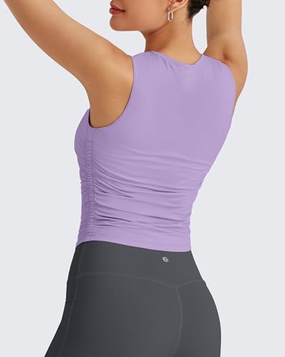 Image of G4Free Skimetic Workout Tank Tops for Women Side Ruched Sleeveless High Neck Crop Top Summer Athletic Gym Shirts