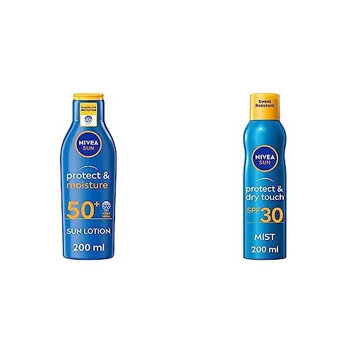 NIVEA SUN Protect & Moisture Lotion SPF50+ (200ml), Moisturising Suncream with SPF50+ & SUN Protect & Dry Touch Cooling Sun Mist SPF30 (200 ml), Refreshing Suncream with SPF30
