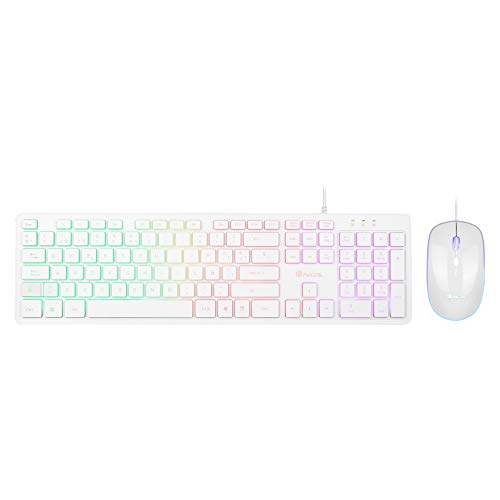 NGS Sprite Kit - Pack Teclado Multimedia y Ratón con Cable Retroiluminado, Mouse Óptico 800/1200/1600 dpi, Gaming, Color Blanco