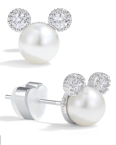 PANSTAR Pearl Earrings for Women - Hypoallergenic 925 Sterling Silver Posts with Pearls & Zircon Gems - Lightweight Mini Mouse Studs with Gift Box