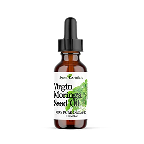 Organic Virgin Unrefined Moringa Seed Oil | 2oz Glass Bottle | Imported from India | 100% Pure | Cold-Pressed | Natural Moisturizer for Skin, Hair and Face | By Sweet Essentials