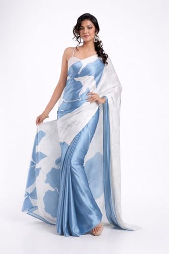 Image of Japan Satin Floral Print Saree for Women with Blouse Piece - Satin Finish Draped Saree