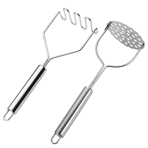 Juego de puré de patatas de acero inoxidable, 2 piezas, incluye cabezas de musgo versátiles para patatas, verduras y frutas