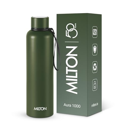 Image of Milton Aura 1000 Thermosteel Water Bottle, 24 Hr Hot and Cold I Leak Proof Lid, ISI Certified I Vacuum Insulated I for Office, Gym, School I Military Green