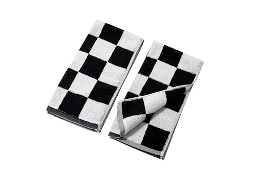 Madi-Cadi 100% Cotton Checkerboard Towels Set of 2 Farmhouse Kitchen & Guest Bathroom Towels 13 x 29 Inches Highly Absorbent Lint-Free Dish & Hand Towels with Double-Stitched Hems(Black)