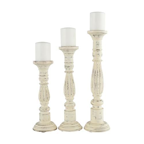 Deco 79 Mango Wood Solid Candle Holder, Set of 3 21', 17', 15'H, White