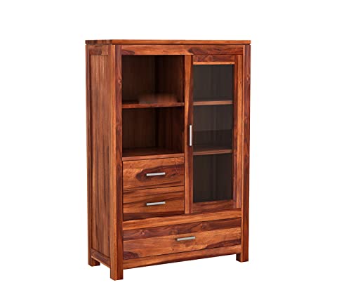 Image of Krishna Wood Decor Wood Book Shelf for Home Library|Wooden Bookshelf Cabinet with Acrylic Glass Door Drawer Storage|Home Kitchen Furniture| Crockery Cabinet|Books Rack for Shelves|Bookcases,Honey