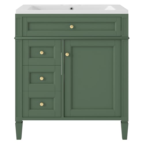 Image of Merax 30 Inch Bathroom Vanity with Sink Set, Modern Bathroom Vanity Storage Cabinet with Matching Mirror Medicine Cabinet, Solid Wood Frame,Painted Finish, 2 Drawers and 1 Tip-Out Drawer, Green
