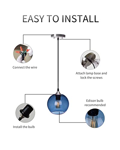 Ariamotion Pendant Lights Kitchen Island Hand Blown Glass Modern Light Fixtures Ceiling Hanging Blue Globe Seeded Bubbles Brushed Nickel 7.4 Inch Diam #TOP2