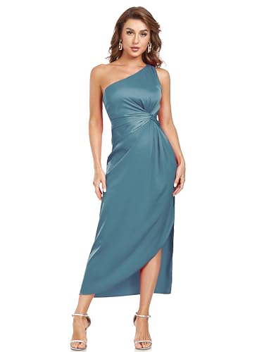 Image of Women's One Shoulder Satin Silk Backless Split Wrap Hem Twist Ruched Summer Party Cocktail Midi Dress