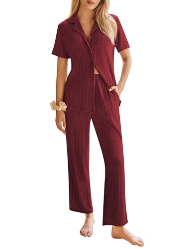 Image of Ekouaer Womens Rib Knit Pajamas Button Up Lounge Sets Short Sleeve Top and Long Pants Matching Pjs Sleepwear Loungewear