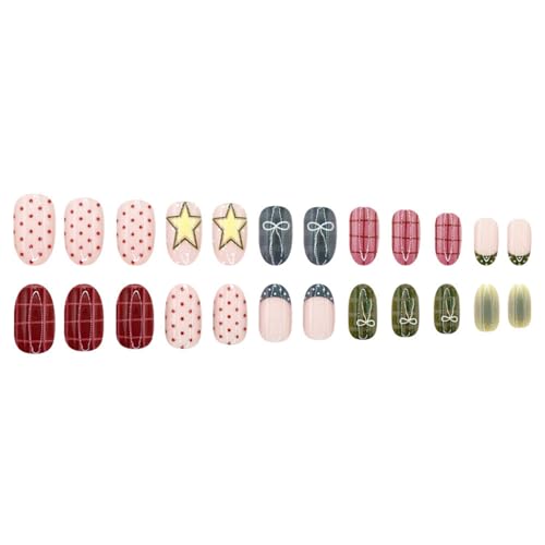 Image of Cottagecore Plaid Bow Press on Nails Medium Oval Fake Nails with Star Polka Dot Design Reusable Glossy Full Cover Stick on Nail for Women Manicure 24Pcs