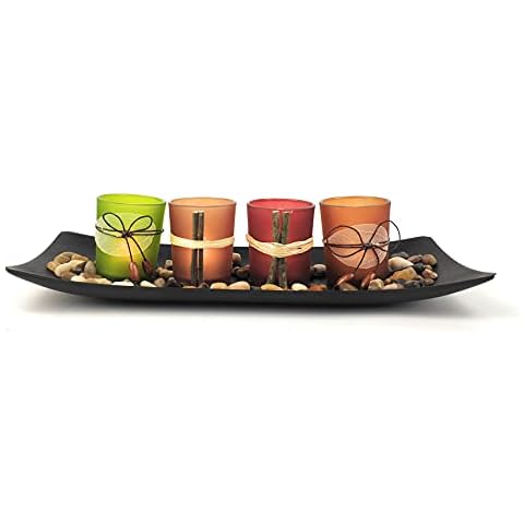 TriPro Kerzenhalter-Set mit natürlichem Dekor für Badezimmer, Esszimmertisch, Wohnzimmer und Couchtisch, 3 dekorative Kerzenhalter, Steine und Tablett (4) Cover