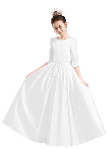 Satin Flower Girl Dress Long Sleeve A-Line Elegant Pageant Dresses Kids Pearls Prom Party Gown with Bow-Knot
