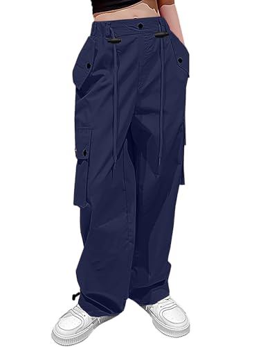 Image of HENGAO Girls Cargo Pants Parachute Casual Jogger Y2K 5-14 Years | Kids Baggy pants Parachute, Drawstring, with Pockets, Elastic High Waist, Loose Trousers Streetwear