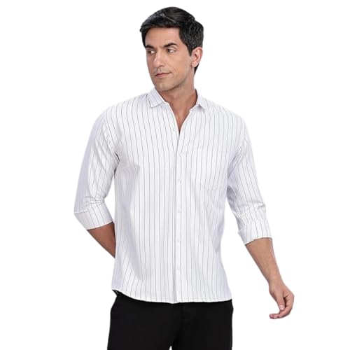 Image of MILDIN Men's Pure Cotton Striped Printed Shirt with Spread Collared Neck Full Sleeve Curved Hemline Button Closure and Regular Fit | Shirt for Man