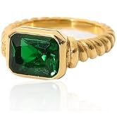 Dikixe Gold Emerald Chunky Colored Statement Ring for Women, Solitaire 8 * 10MM Cut Green Cubic Z...