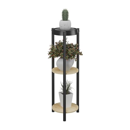 Relaxdays Estantería para Plantas Redonda, 3 Baldas, Interior, 71x24x24 cm, Estante Metálico para Flores, Negro/Natural, Tablero de Fibras, Hierro, Plástico