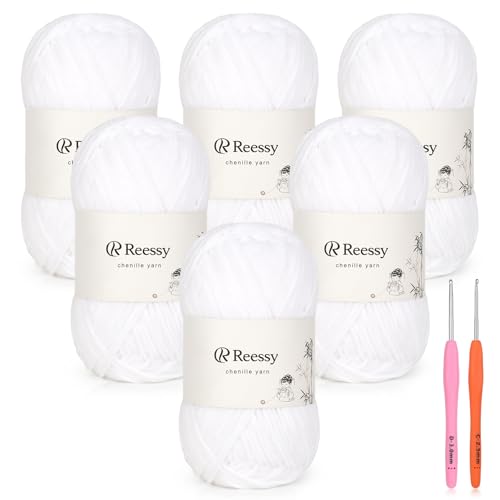 Image of Skinny Chenille Yarn for Crocheting - 6 Pack of 50g /158yd (948yd Total) - Soft Matte Thin Chenille CYC #2 - Fine Weight Baby Yarn for Plush Toys, Baby Blankets & Small Crafts(Snow White)