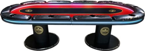 Triton Foldable 10 Player Poker Table with LED Lights – Foldable Casino Table with Cushioned Armrests, and Cup Holders – Signature Red Poker Table for Home